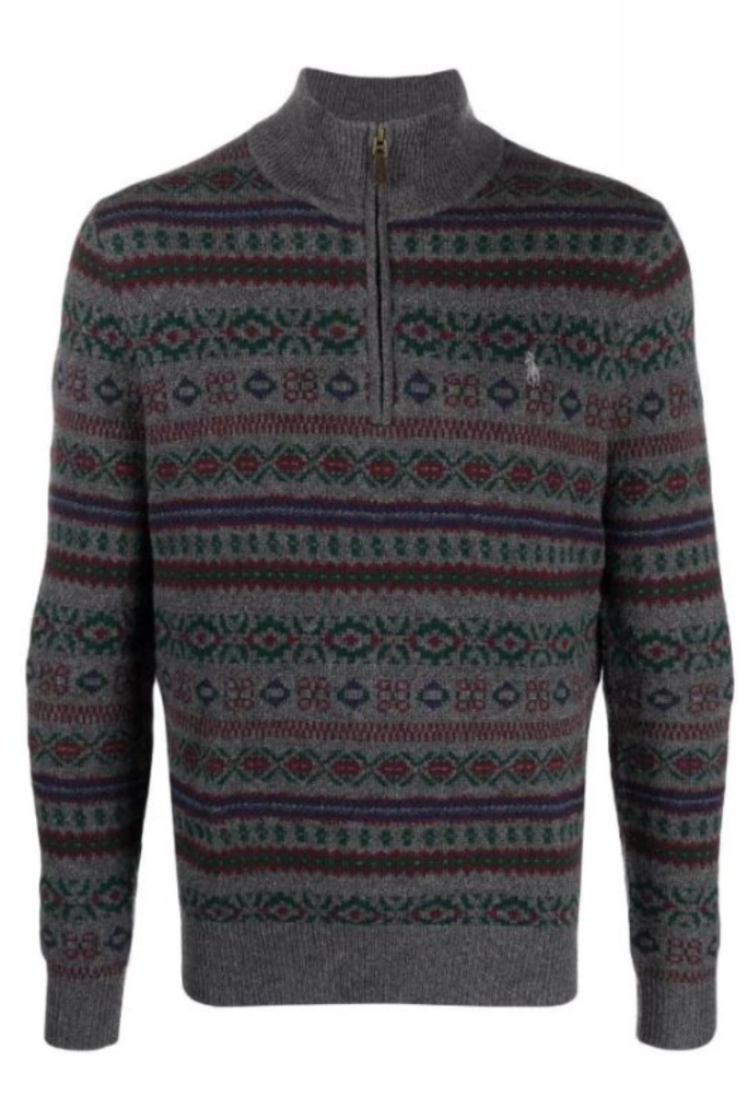 Pull Col Zippé Izod Homme - Gris Fair Isle - Taille 2XL - Coton - Très Bon état